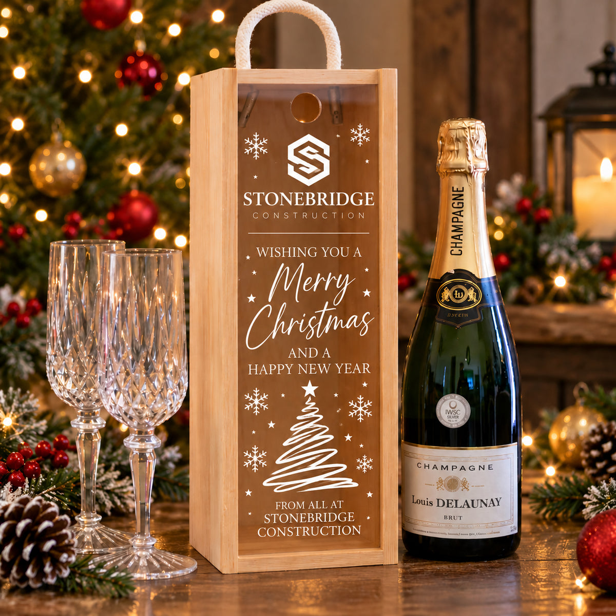 Personalised Corporate Christmas Wooden Bottle Gift Box