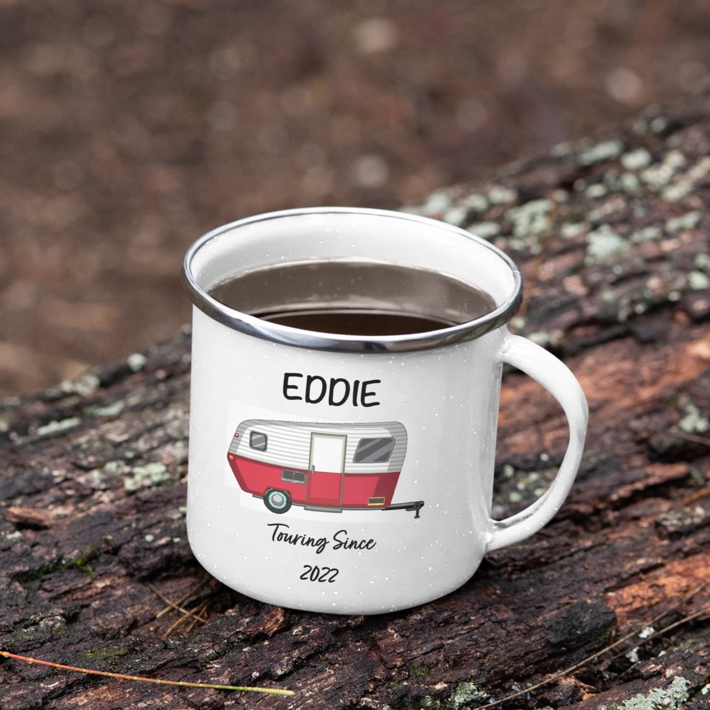 Personalised Caravan Touring Since Enamel Mug