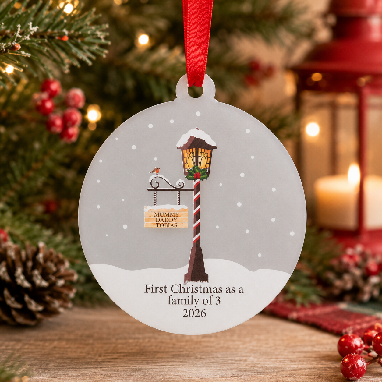 Personalised Traditional Lamp Post Family Christmas Acrylic Bauble