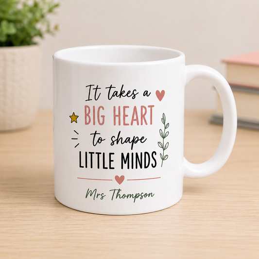 Personalised Teacher Mug and Coaster Set – "It Takes a Big Heart to Shape Little Minds"