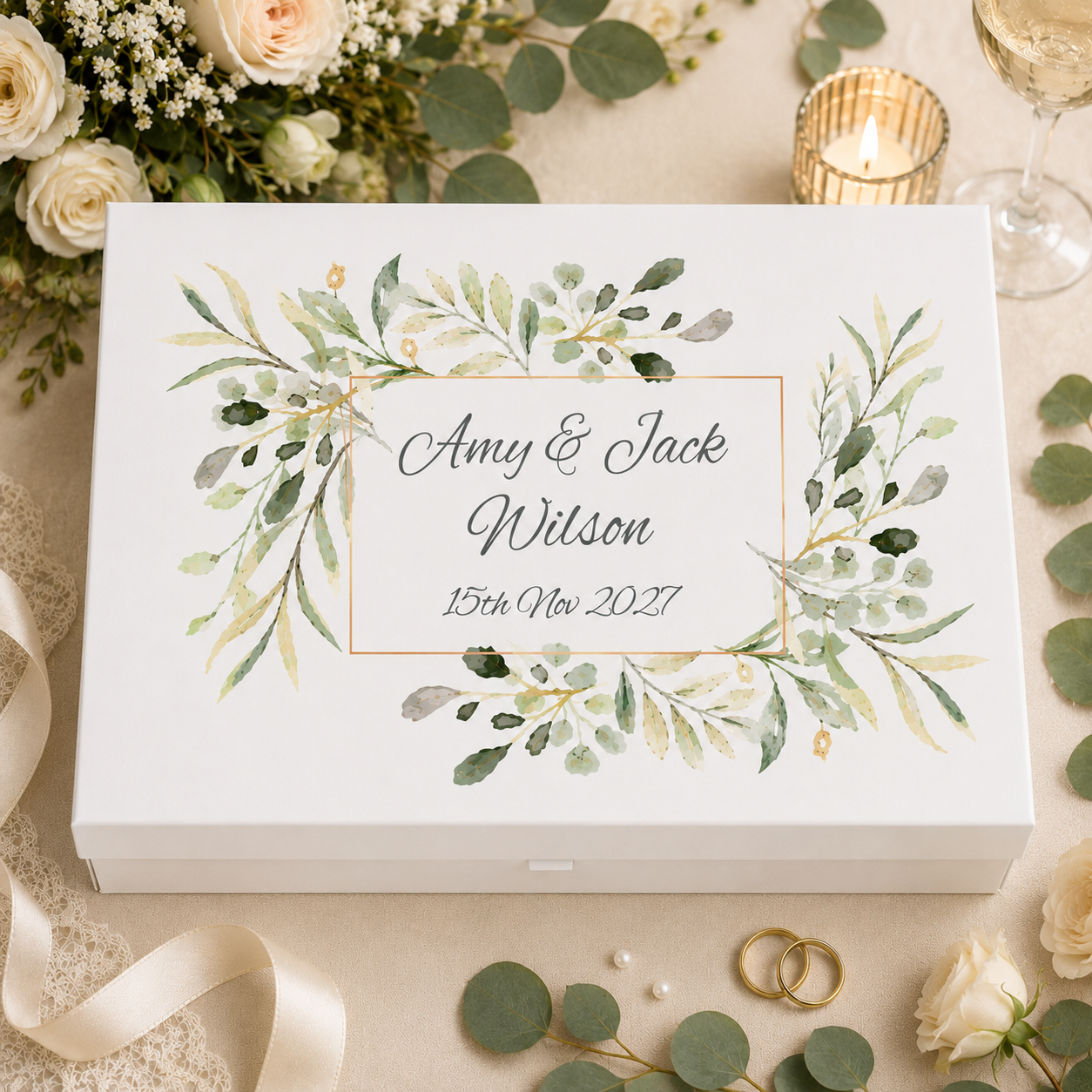 Personalised Watercolour Leaves Wedding Keepsake Gift Box