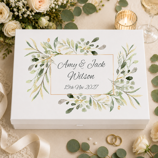 Personalised Watercolour Leaves Wedding Keepsake Gift Box