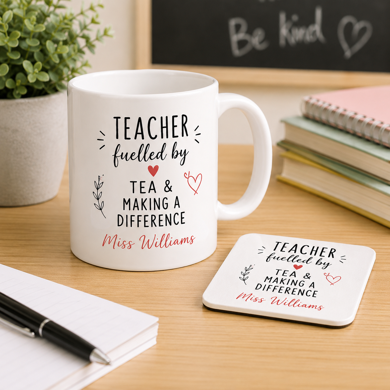 Personalised Teacher Mug and Coaster Set – "Fuelled By Tea"
