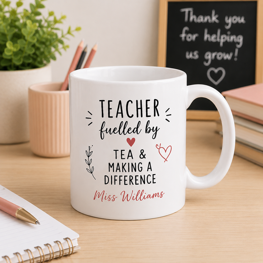 Personalised Teacher Mug and Coaster Set – "Fuelled By Tea"