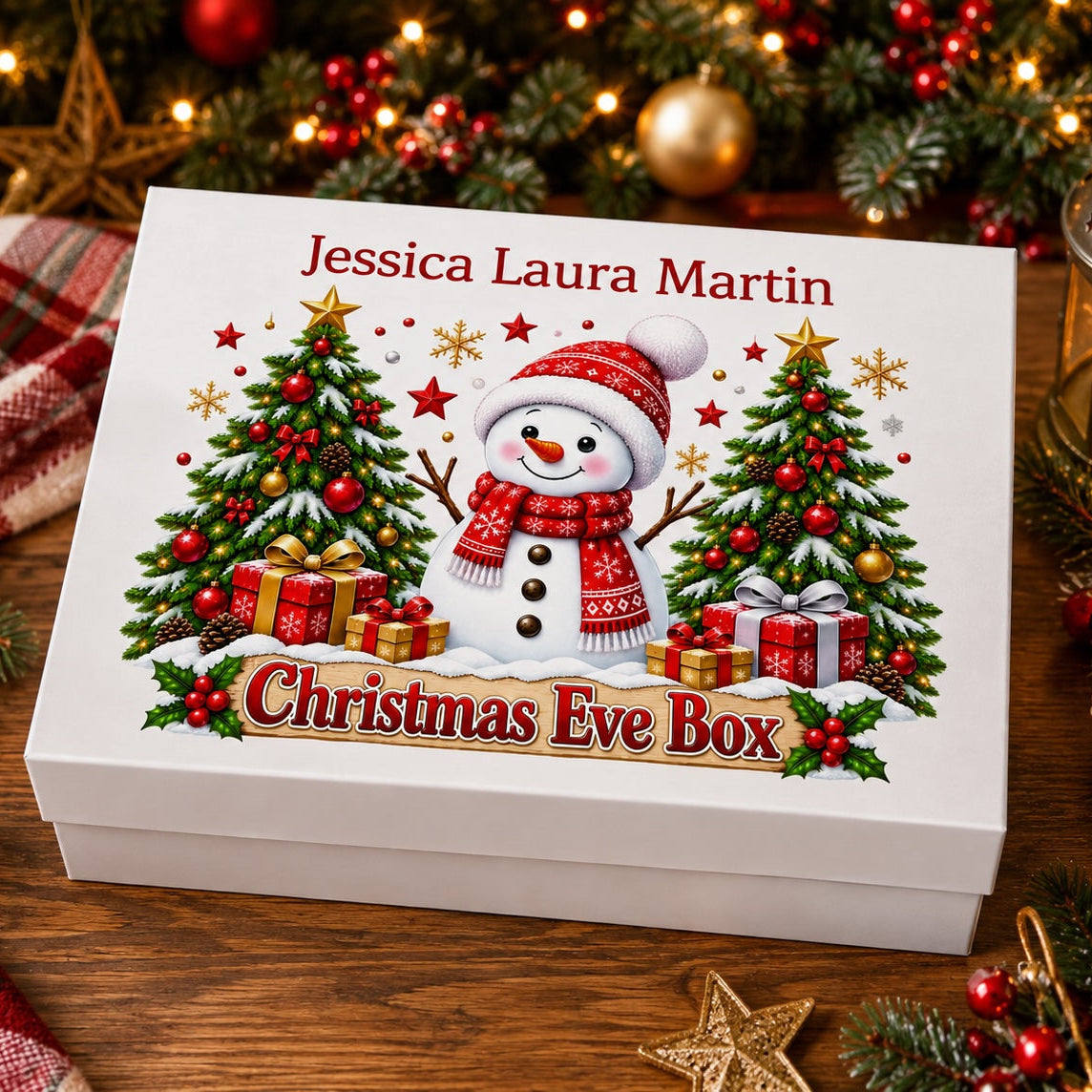 A white rectangular Christmas Eve gift box with a festive printed design of a snowman between two decorated Christmas trees, with the text 'Jessica Laura Martin' and 'Christmas Eve Box' on the lid. The box is placed on a wooden surface with holiday decorations in the background.