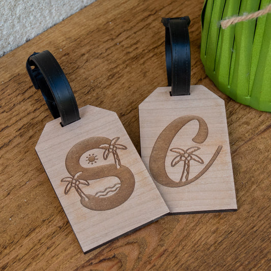 Personalised Palm Tree Initial Wooden Luggage Tag