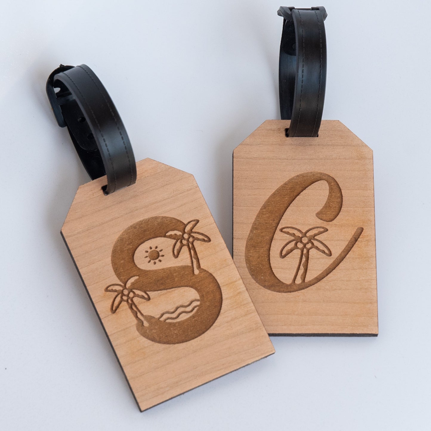 Personalised Palm Tree Initial Wooden Luggage Tag