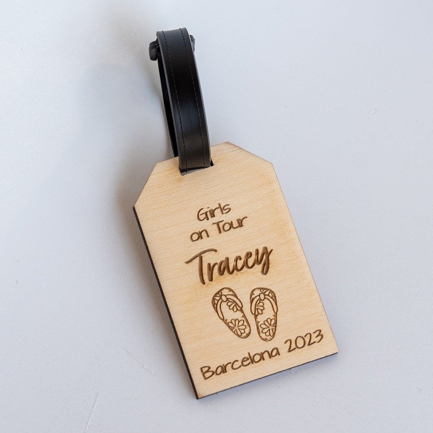 Personalised Girls On Tour Flip Flop Wooden Luggage Tag