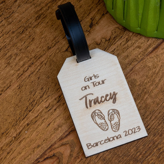 Personalised Girls On Tour Flip Flop Wooden Luggage Tag