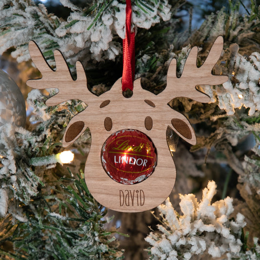 Personalised Engraved Wooden Reindeer Chocolate Holder Christmas Tree Decoration