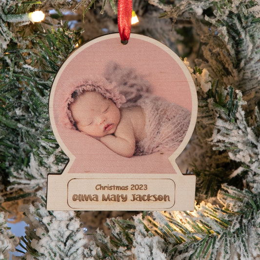 Personalised Photo New Baby Snow Globe Style Christmas Bauble Tree Decoration