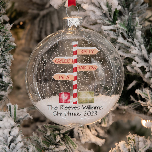 Personalised Stripy North Pole Family Glass Bauble Christmas Tree Ornament