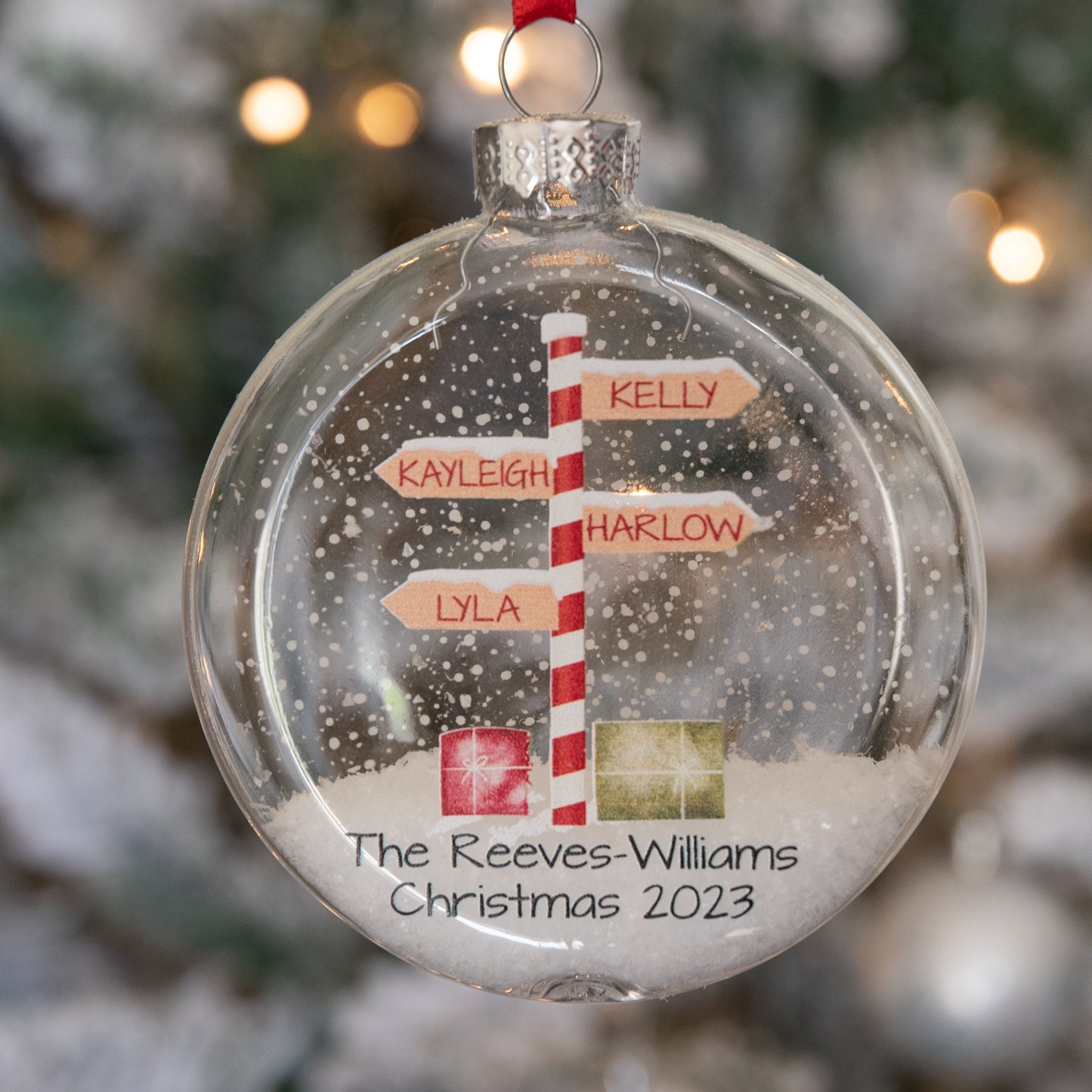 Personalised Stripy North Pole Family Glass Bauble Christmas Tree Ornament