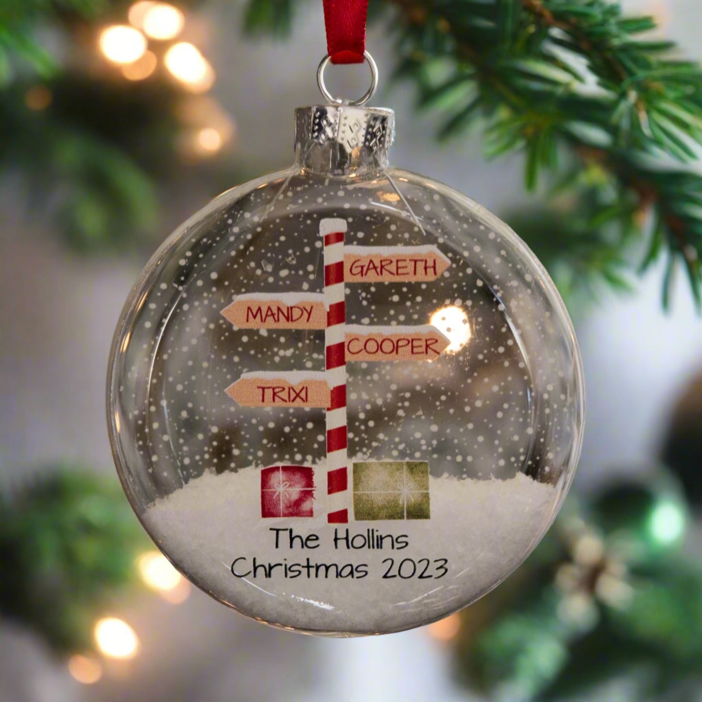 Personalised Stripy North Pole Family Glass Bauble Christmas Tree Ornament