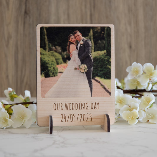 Personalised Wedding Photo on Wood with Stands and Magnet