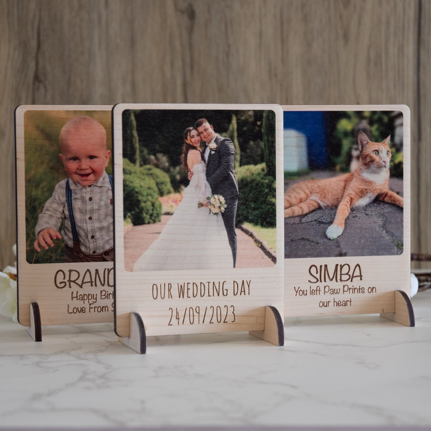 Personalised Wedding Photo on Wood with Stands and Magnet