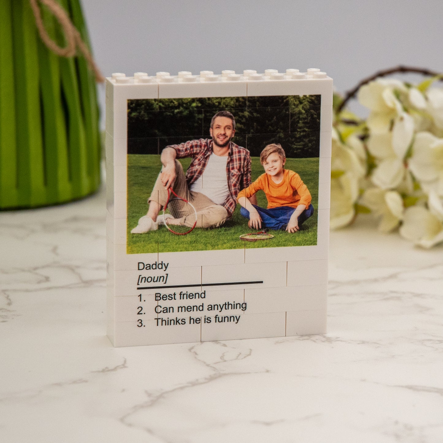 Personalised Photo Block and Noun Text made from, LEGO® Bricks