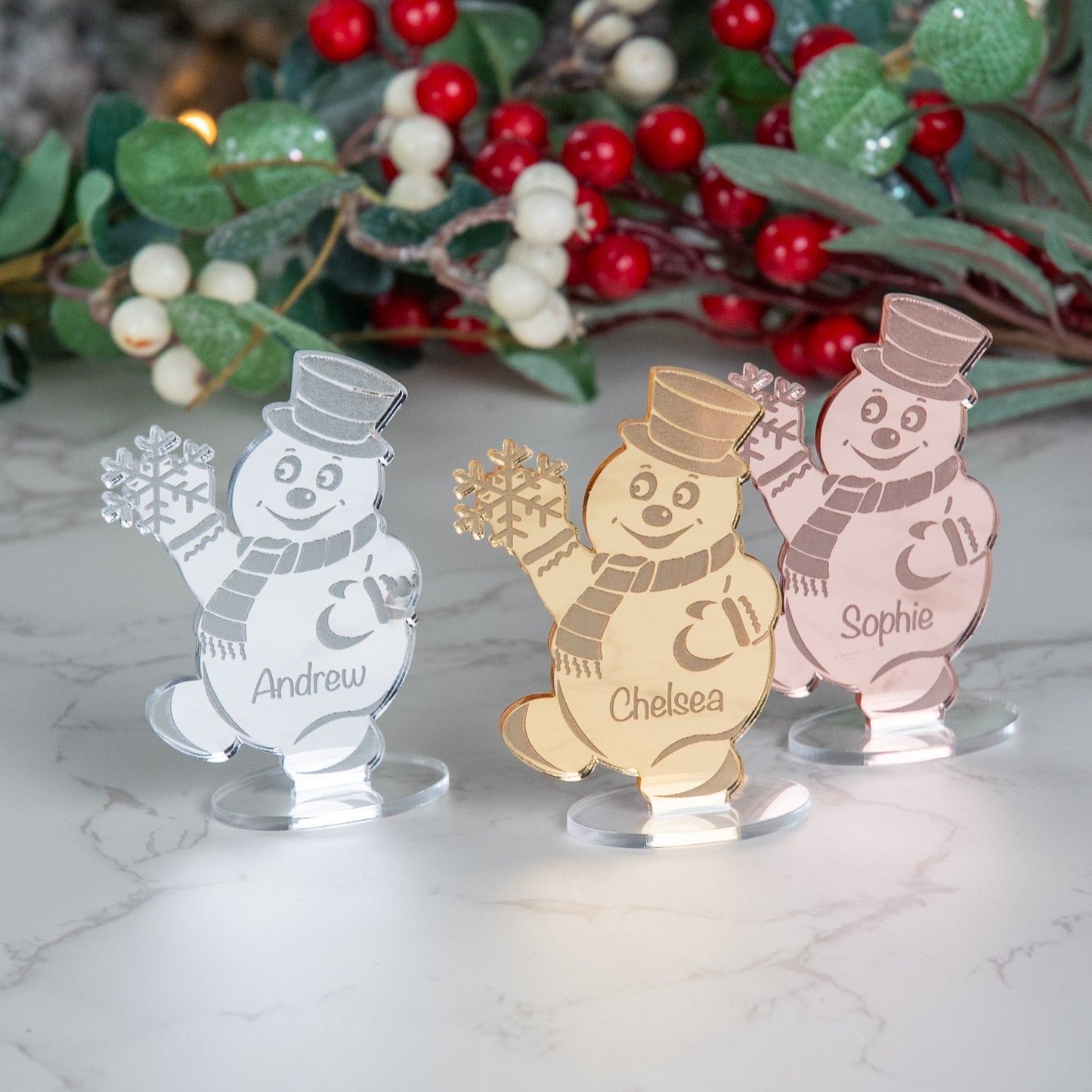 Personalised Mirror Acrylic Snowman Christmas Place Name