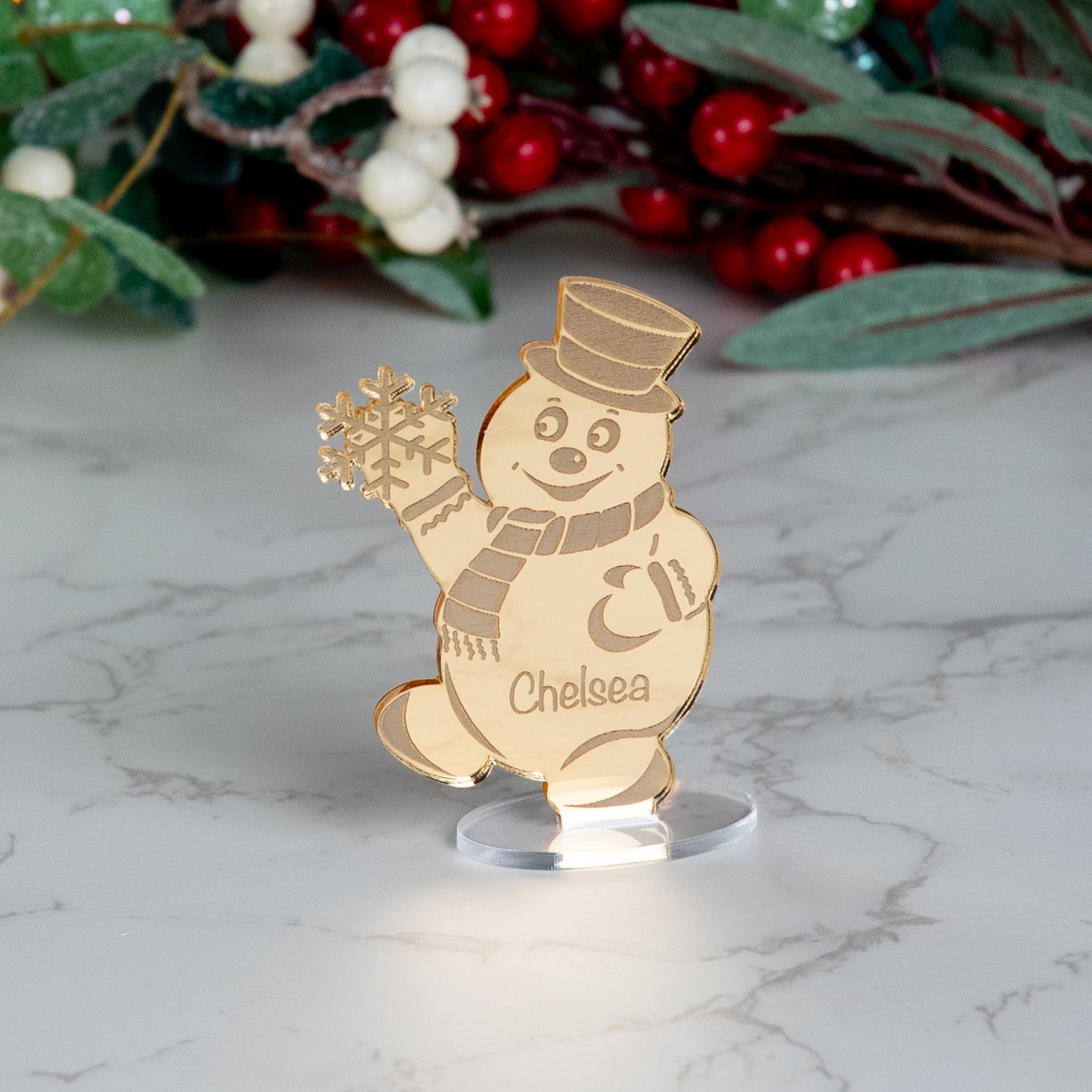 Personalised Mirror Acrylic Snowman Christmas Place Name