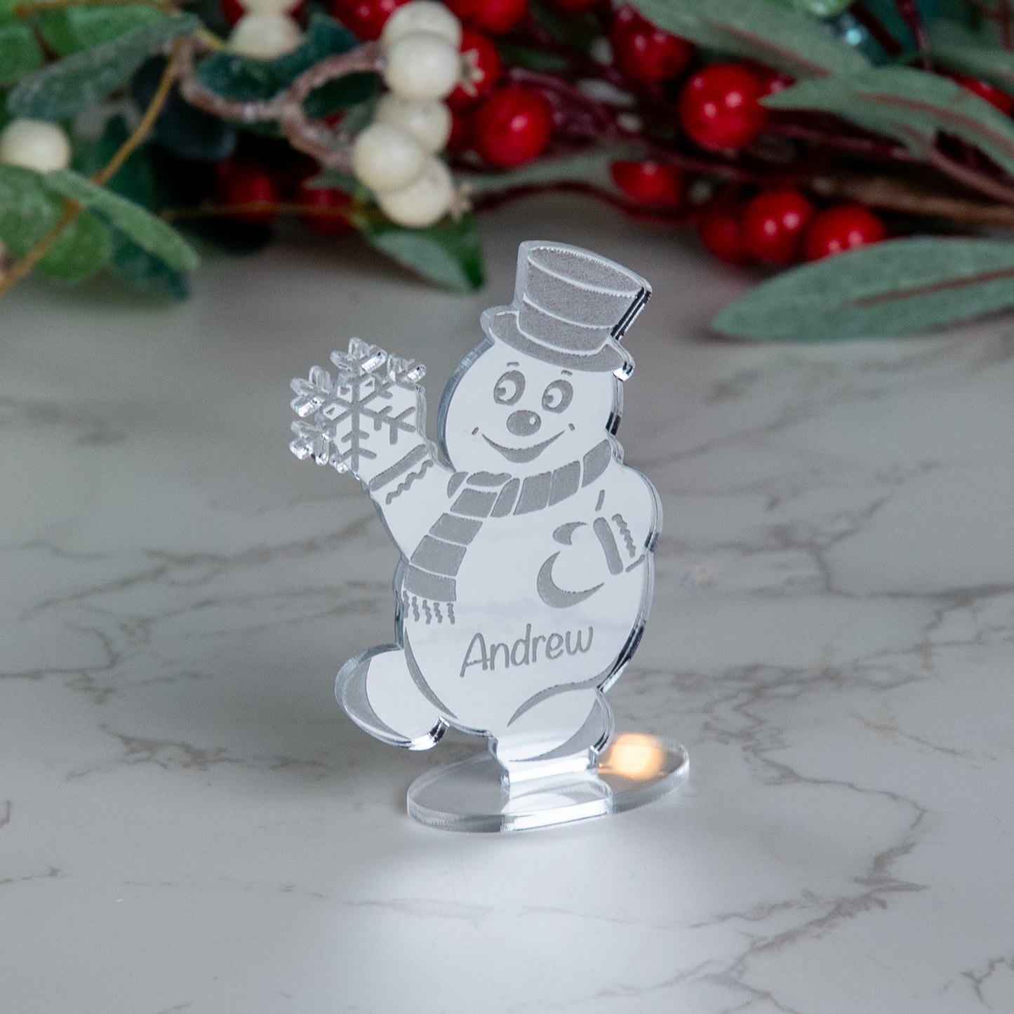 Personalised Mirror Acrylic Snowman Christmas Place Name