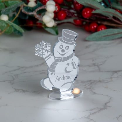 Personalised Mirror Acrylic Snowman Christmas Place Name