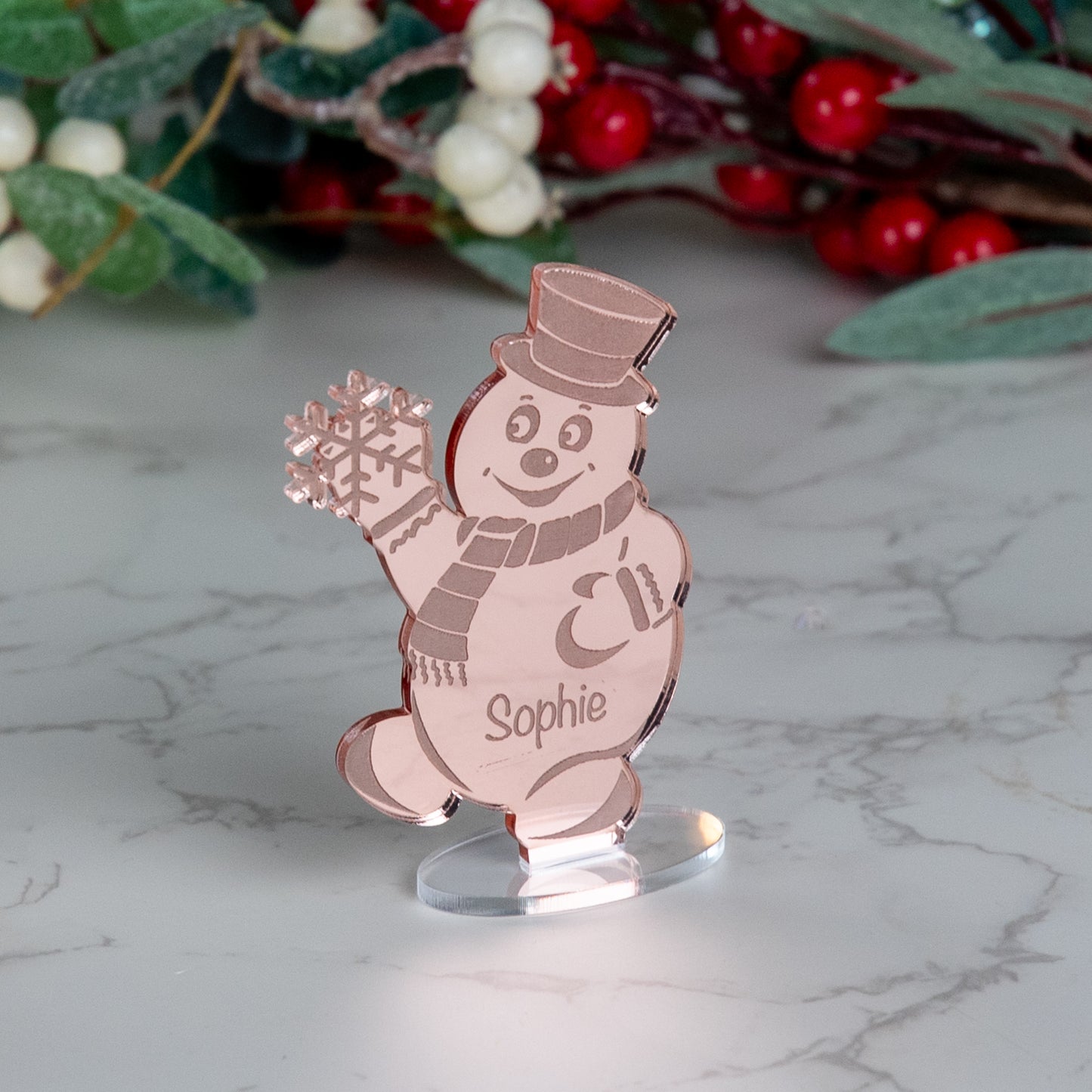 Personalised Mirror Acrylic Snowman Christmas Place Name
