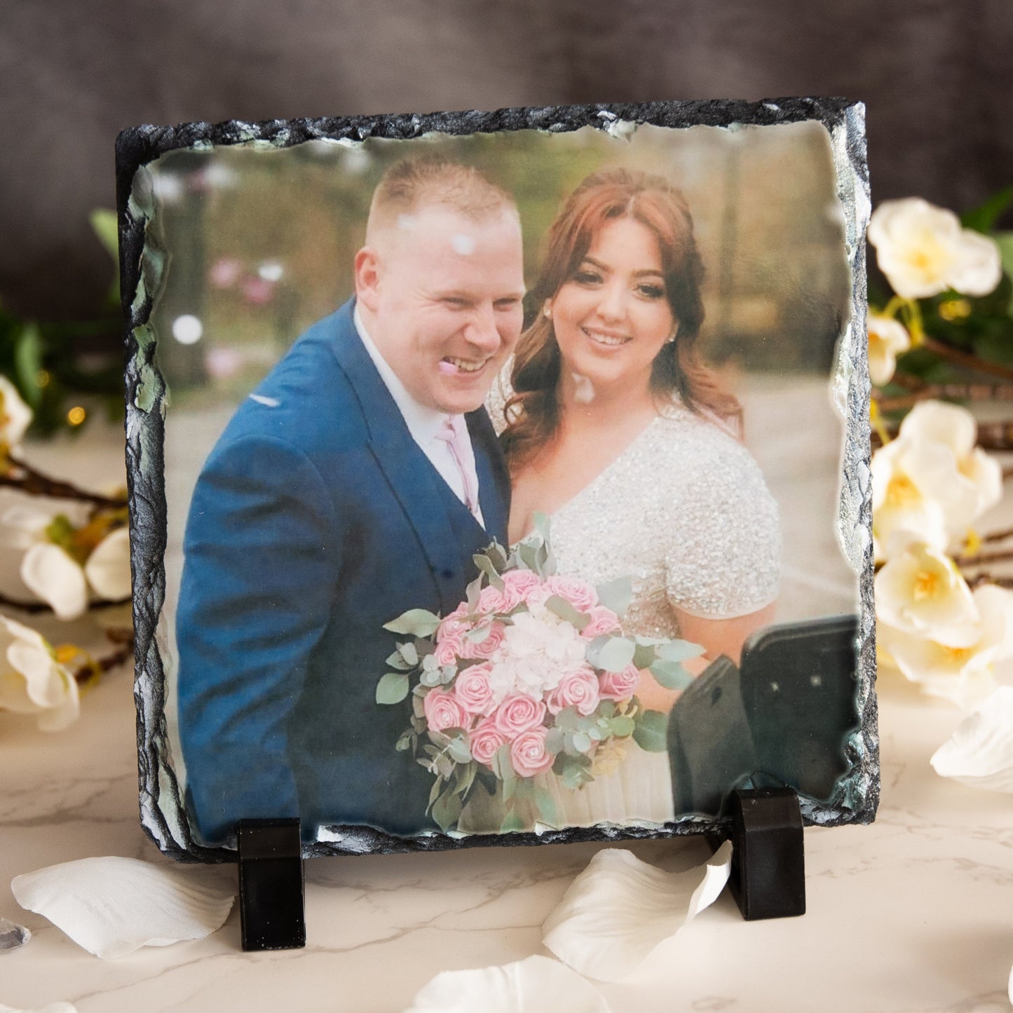 Personalised Natural Square Rock Slate Custom Photo With Stands