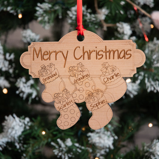 Personalised Fireplace Family Christmas Stocking Wooden Tree Decoration