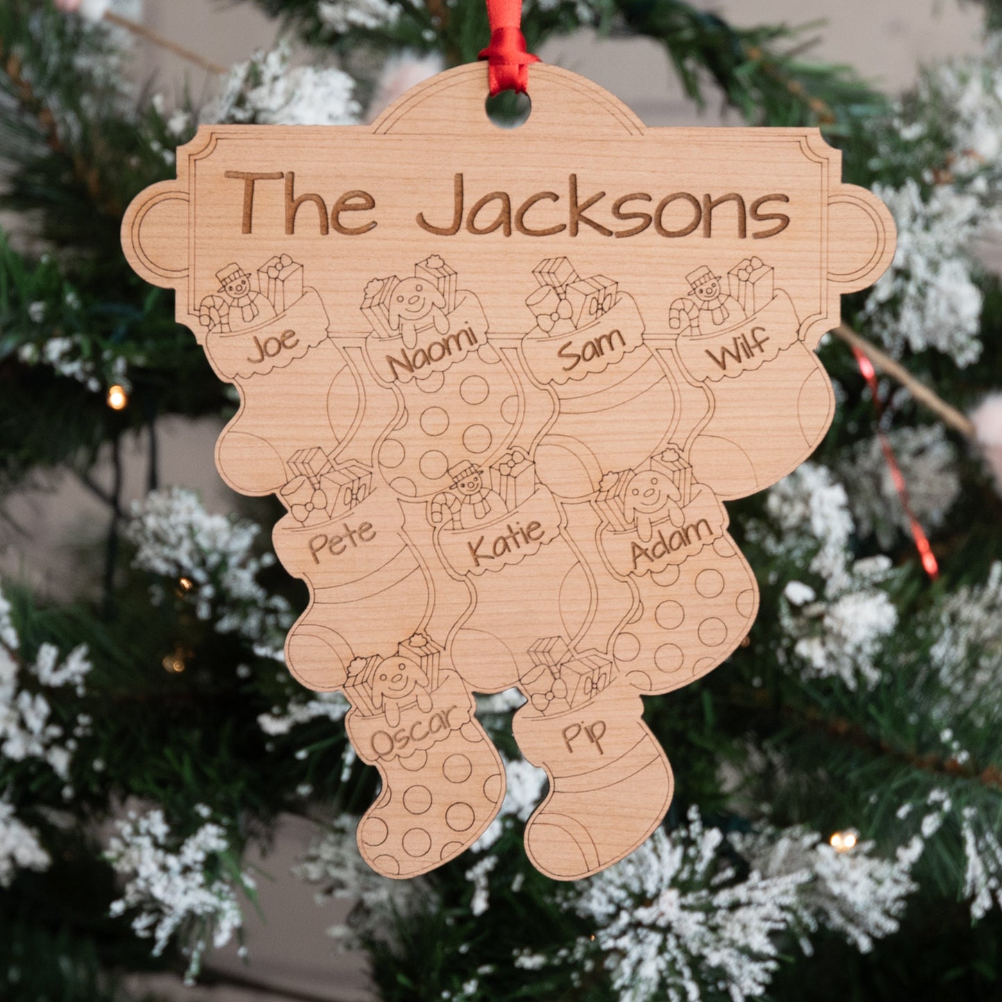 Personalised Fireplace Family Christmas Stocking Wooden Tree Decoration