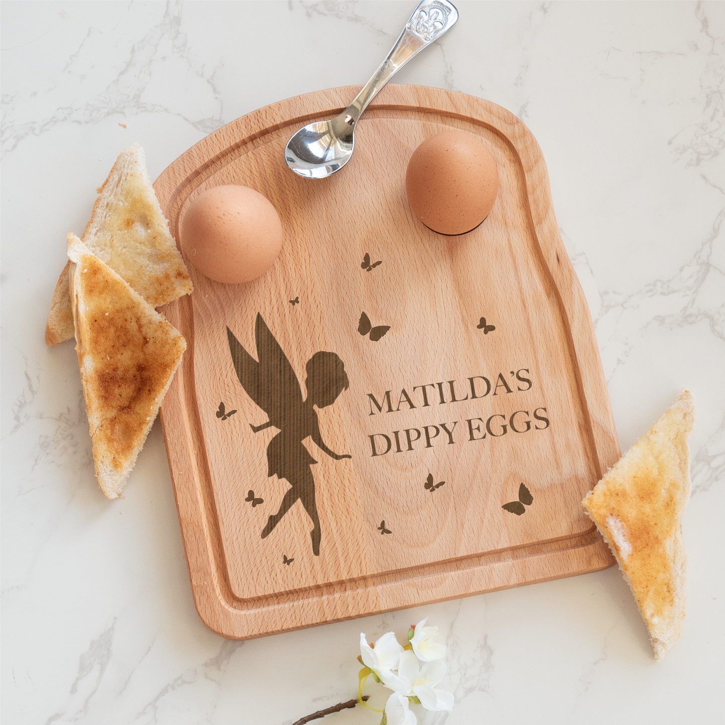 Personalised Wooden Dippy Egg Board – Fairy Engraved Breakfast Board