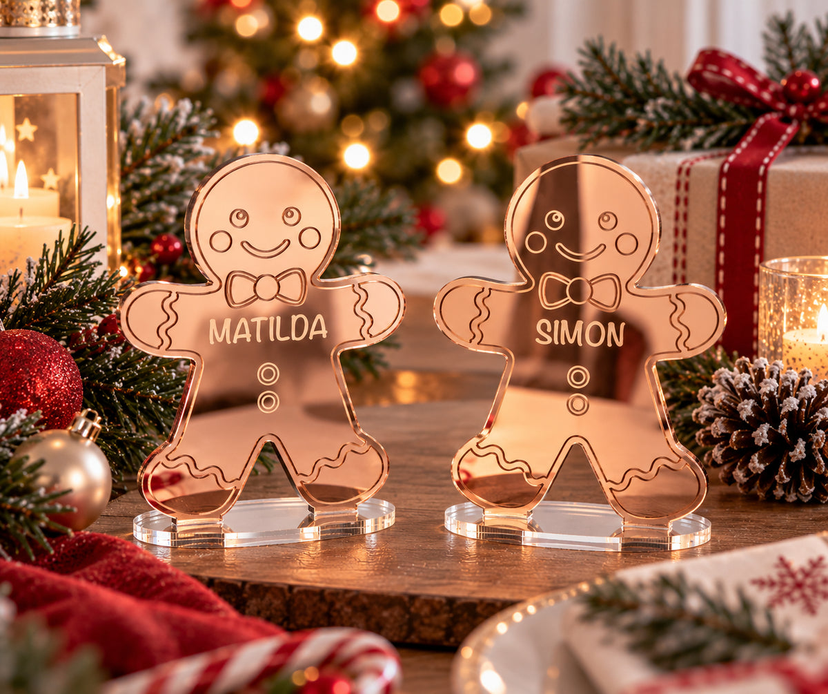 Personalised Christmas Gingerbread Man Mirror Acrylic Table Place Names