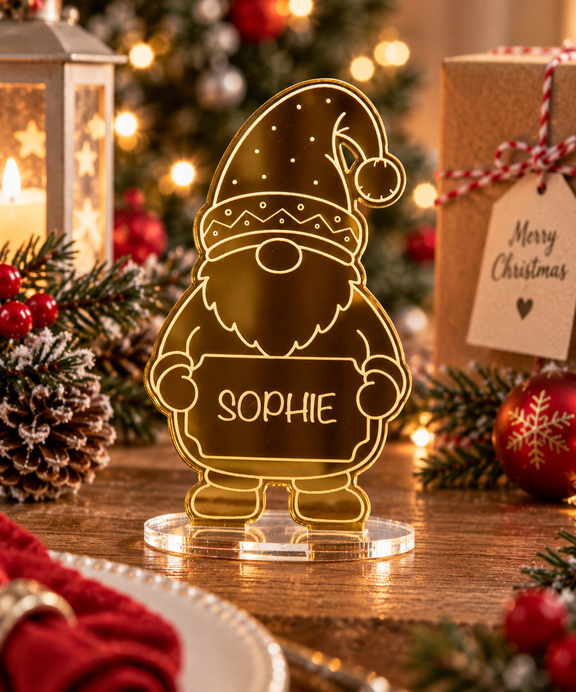 Personalised Christmas Gonk Gnome Mirror Acrylic Table Place Names