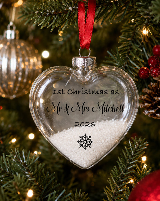 Personalised 1st Christmas As Mr & Mrs Heart Glass Bauble