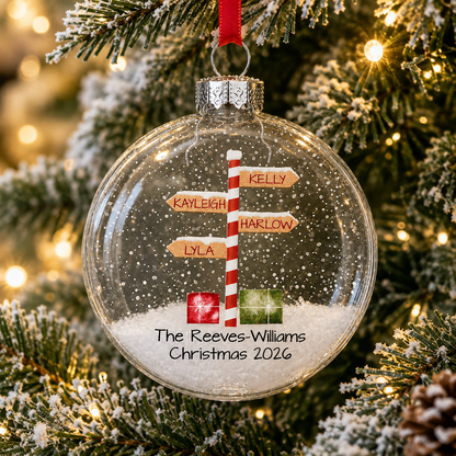 Personalised Stripy North Pole Family Glass Bauble Christmas Tree Ornament