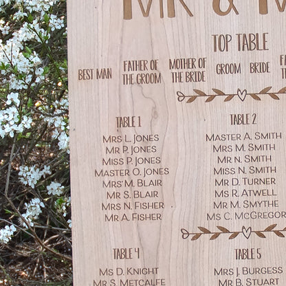 Heart String Engraved Wooden Wedding Table Plan