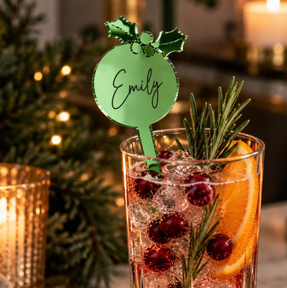 Personalised Mirror Acrylic Christmas Holly Drinks Stirrer