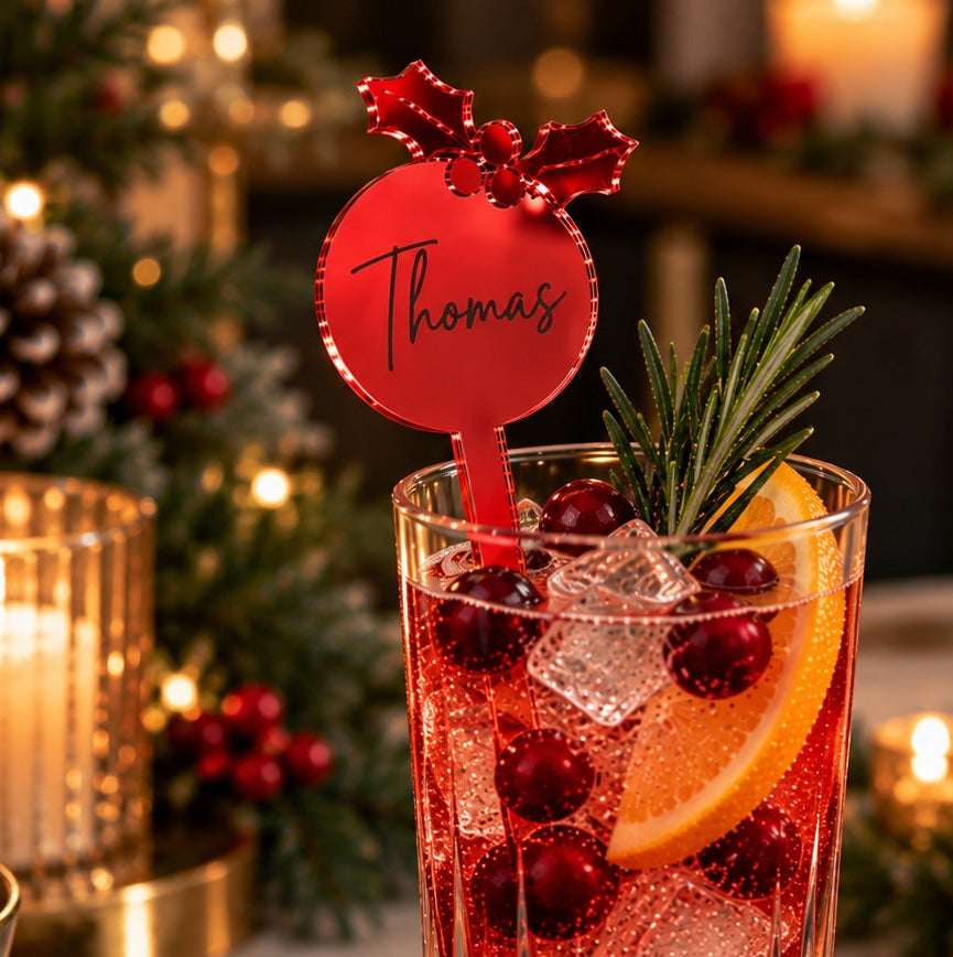 Personalised Mirror Acrylic Christmas Holly Drinks Stirrer