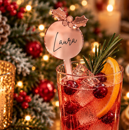 Personalised Mirror Acrylic Christmas Holly Drinks Stirrer