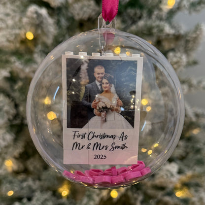 Personalised First Christmas as Mr & Mrs LEGO® Brick 3D Photo Block Bauble