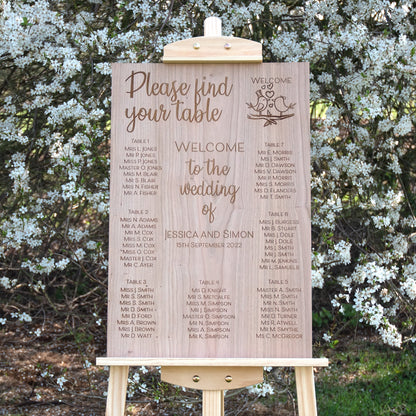 Kissing Birds Engraved Wooden Wedding Table Plan