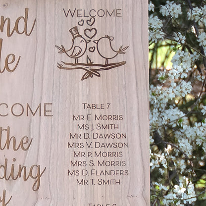 Kissing Birds Engraved Wooden Wedding Table Plan