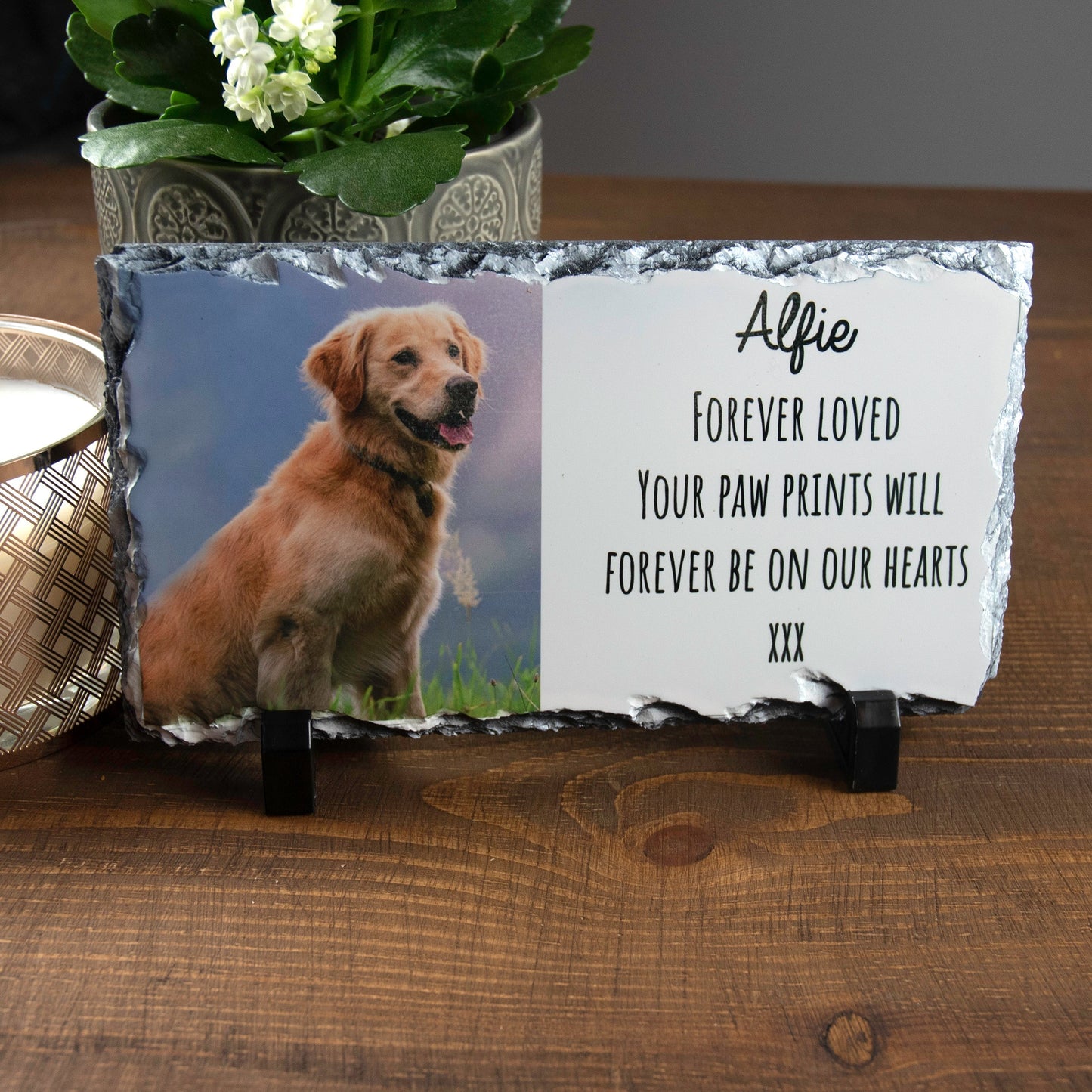 Personalised Pet Loss Natural Square Rock Slate Custom Photo With Stands