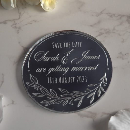 Personalised Mirror Leaf Round Acrylic Wedding Save The Date Magnets