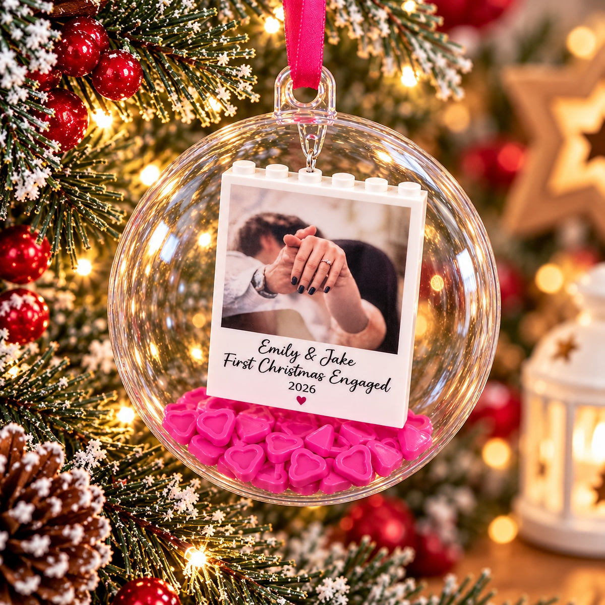 Personalised First Christmas Engaged LEGO® Brick 3D Photo Block Bauble