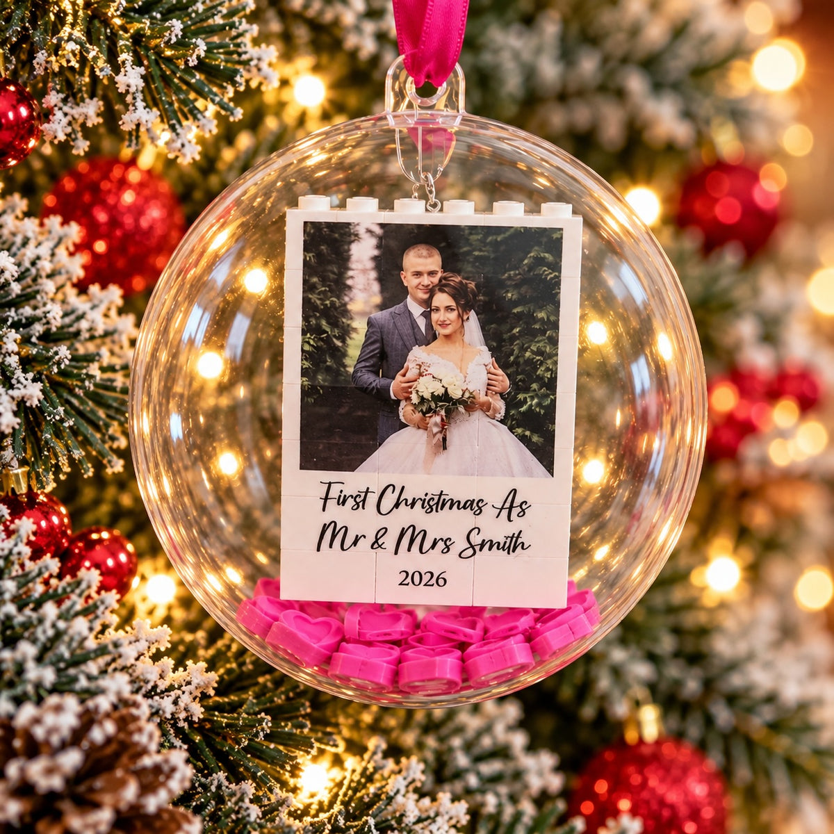 Personalised First Christmas as Mr & Mrs LEGO® Brick 3D Photo Block Bauble