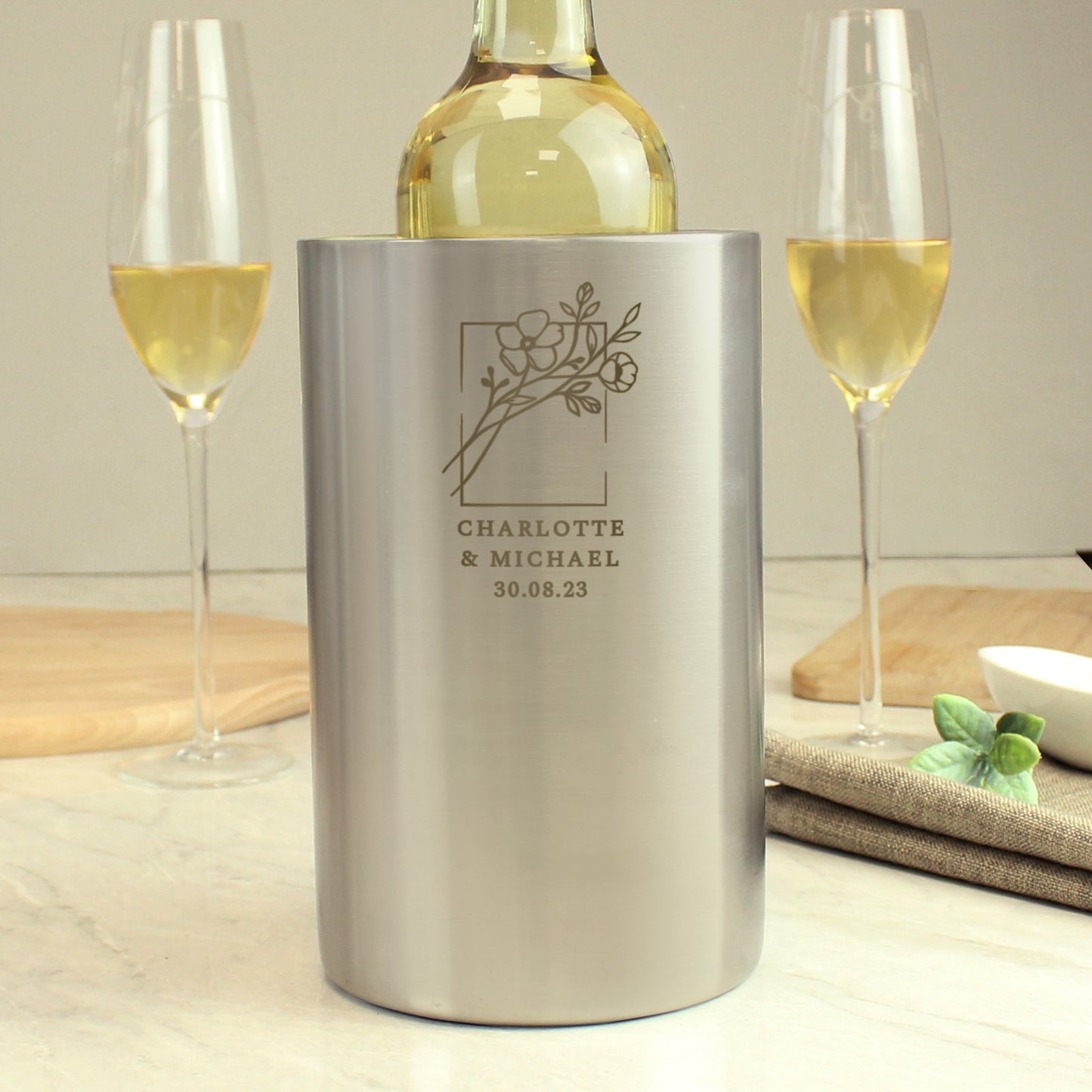 Personalised Floral Design Brushed Steel Wine Cooler