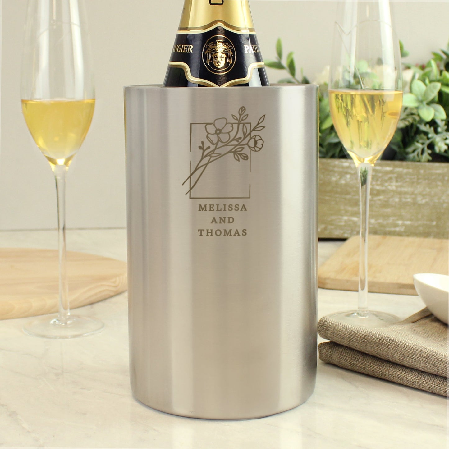 Personalised Floral Design Brushed Steel Wine Cooler