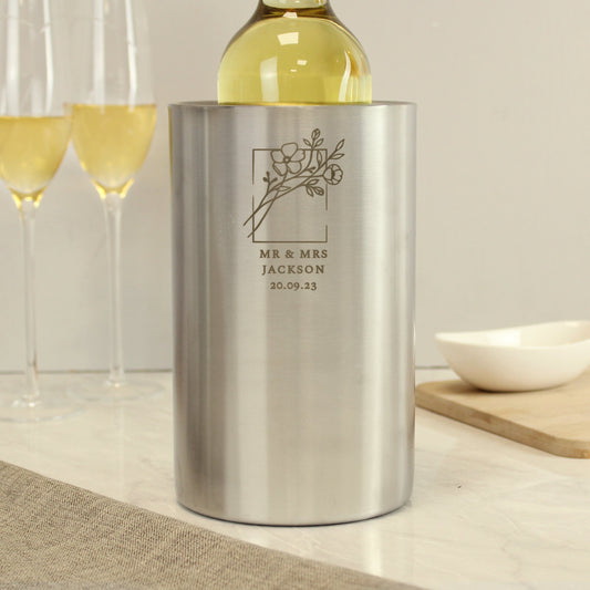 Personalised Floral Design Brushed Steel Wine Cooler