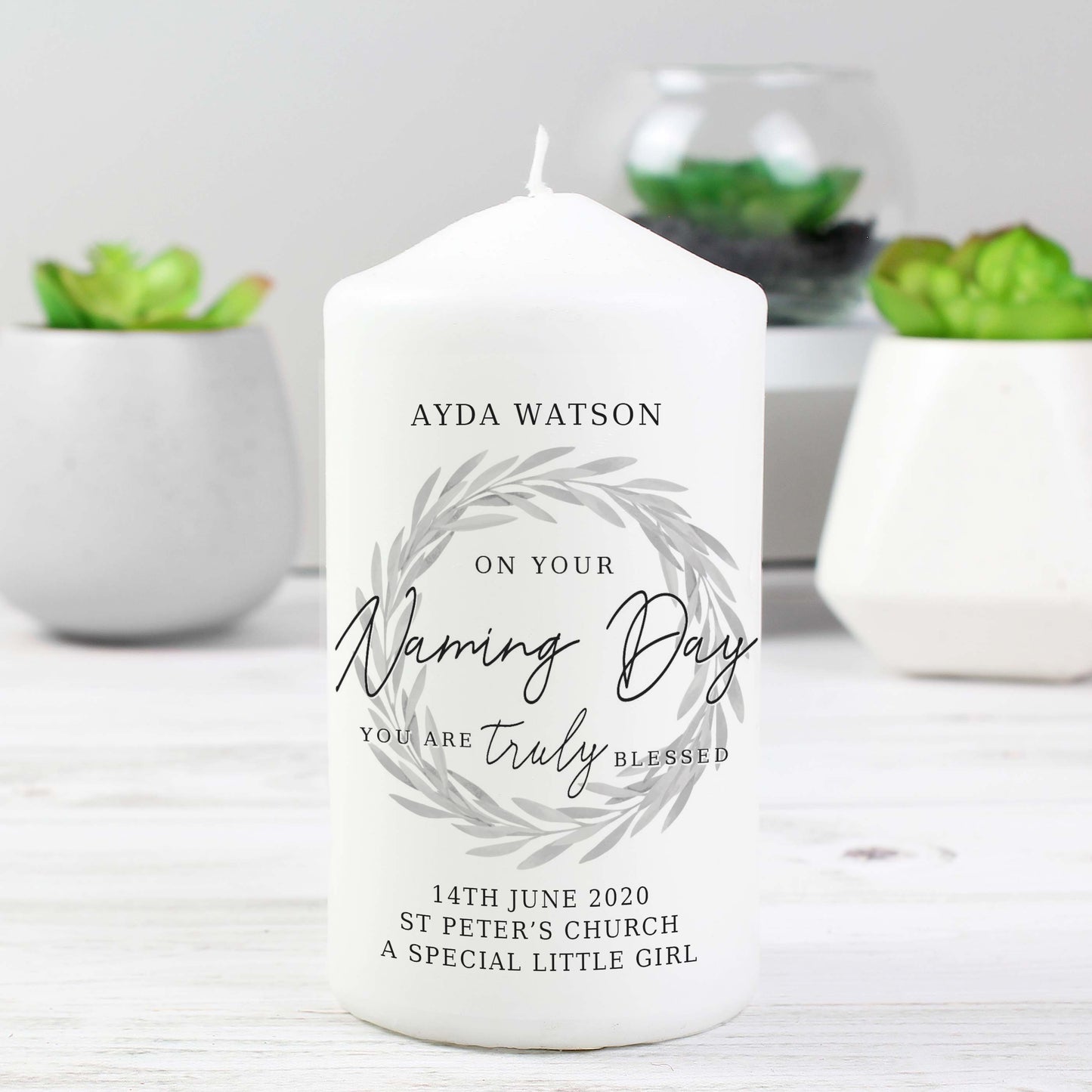 Personalised 'Truly Blessed' Naming Day Pillar Candle