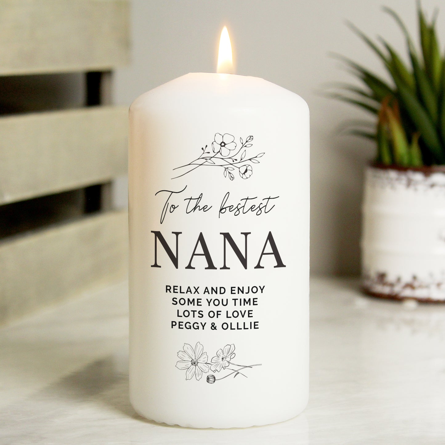 Personalised Simple Floral Pillar Candle